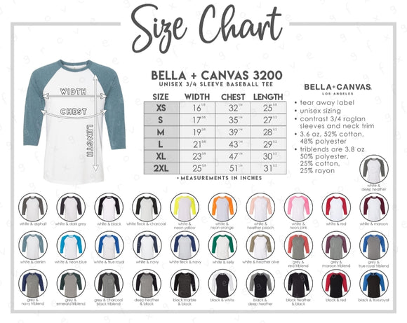 UNISEX RAGLAN SIZE CHART